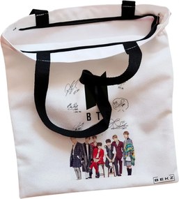 Sacosa de Panza pentru Cumparaturi, Geanta Tote, model BTS Army 1, Cu fermoar, 38x34.5 cm, Alba, BEKZ®