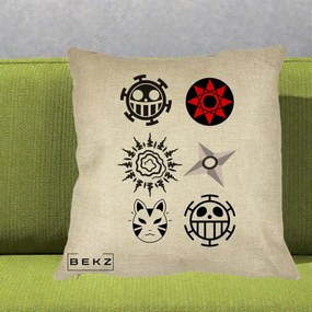 Perna Personalizata Simboluri Anime Mix - Naruto One Piece, 40x40 cm, Crem, Husa Detasabila, Perna Inclusa, BEKZ®