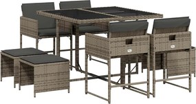 vidaXL Set mobilier grădină cu perne, 9 piese, gri, poliratan
