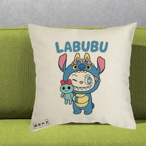Perna Personalizata Labubu x Stitch cu Flori, 40x40 cm, Ecru, Husa Detasabila, Perna Inclusa, BEKZ®