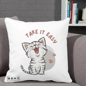 Perna Personalizata Take It Easy Cat, 40x40 cm, Alba Mata, Husa Detasabila, Perna Inclusa, BEKZ®