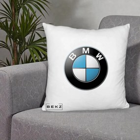 Perna Personalizata cu emblema BMW, 40x40 cm, Alb Pufos, Husa Detasabila, Perna Inclusa, BEKZ®