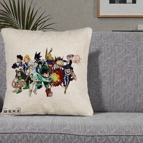 Perna Personalizata My Hero Academia Clasa 1-A Complet, 40x40 cm, Bej Canapea, Husa Detasabila, Perna Inclusa, BEKZ®