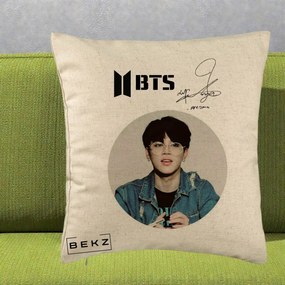 Perna Personalizata K-pop BTS Jimin Portret Cerc Autograf Geaca, 40x40 cm, Bej, Husa Detasabila, Perna Inclusa, BEKZ®
