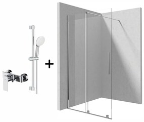 Set paravan dus walk-in cu usa glisanta, 100x195 cm, crom lucios, Deante Prizma cu baterie, para dus cu bara si furtun, Grohe New Tempesta 110