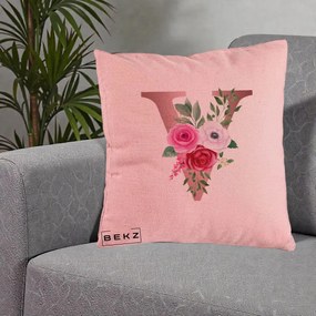 Cadou Personalizat - Perna Personalizata Monograma Rose Gold Litera V, 40x40 cm, Roz, Husa Detasabila, Perna Inclusa, BEKZ®