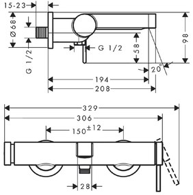 Baterie cada - dus, Hansgrohe, Finoris, montaj aparent, negru mat