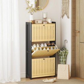 HOMCOM Mobila pentru pantofi 18 perechi cu 3 sertare rabatabile, uși din bambus cu lamele, 60x24x118cm, negru și lemn natural | Aosom Romania