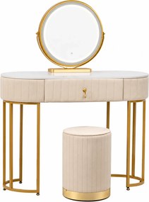 Set BOHEMIA LONG – Masă de Toaletă pentru Machiaj, Oglindă Iluminată LED, Control Touch, Sertar, Taburet, 100x40x75 cm, Bej