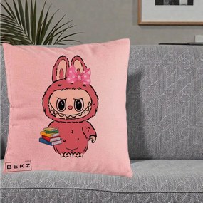 Perna Personalizata Labubu Roz cu Funda si Carti, 40x40 cm, Roz, Husa Detasabila, Perna Inclusa, BEKZ®