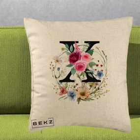 Cadou Personalizat - Perna Personalizata Monograma Florala Litera X cu Coroana, 40x40 cm, Bej, Husa Detasabila, Perna Inclusa, BEKZ®