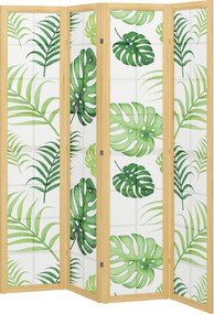 HOMCOM Separator de cameră 4 piese, pliabil, design boho, motiv tropical, separator independent, cadru din lemn, verde | Aosom Romania