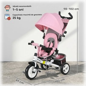 HOMCOM Tricicletă 6 în 1 pentru Copii, cu Mâner, Acoperiș Reglabil, Curea și Coș, Cărucior Tricicletă Metalică, 102x49x102 cm, Roz | Aosom Romania