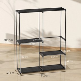 HOMCOM Dulap de Haine cu 2 Bare și 4 Rafturi, din Material Non-Țesut, Plastic și Oțel, 142x43x185 cm, Negru | Aosom Romania