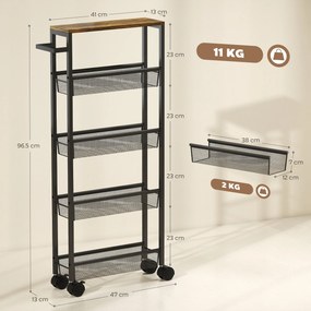 HOMCOM Cărucior de bucătărie cu 4 roți, cărucior de depozitare cu roți, blat cu aspect de lemn, structură metalică, 47x13x96,5 cm, negru | Aosom Romania