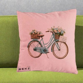 Perna Decorativa Bicicleta Teal cu Cosuri Duble de Flori Vintage, 40x40 cm, Roz, Husa Detasabila, Perna Inclusa, BEKZ®