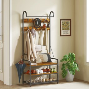 HOMCOM Suport de Haine de Intrare cu Bară, 10 Cârlige Mobile, Bancă și Raft pentru Încălțăminte, Mobilier în Pal și Metal, Design Industrial, 80x40x182 cm, Maro și Negru | Aosom Romania