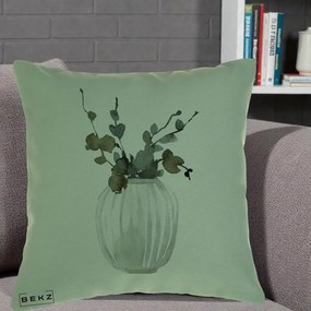 Perna Decorativa Vaza cu Eucalipt Watercolor, 40x40 cm, Verde, Husa Detasabila, Perna Inclusa, BEKZ®