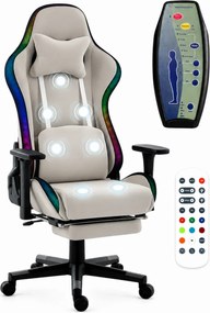 Scaun Gaming cu Masaj 7 Puncte și Încălzire, RGB, Iluminare LED Multicolor, Telecomenzi, Cotiere 3D, Reclinare 180°, Suport Picioare, Catifea, Gri