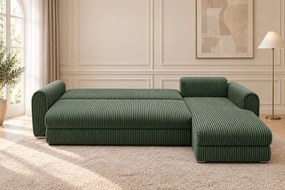 Colțar extensibil Sienna Mini din stofă raiată, verde, colț pe dreapta, cu ladă de depozitare