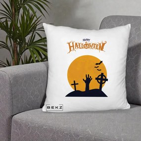 Perna Decorativa Happy Halloween Cimitir cu Luna, 40x40 cm, Alb Pufos, Husa Detasabila, Perna Inclusa, BEKZ®