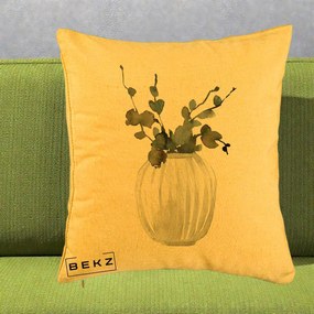 Perna Decorativa Vaza cu Eucalipt Watercolor, 40x40 cm, Galben, Husa Detasabila, Perna Inclusa, BEKZ®
