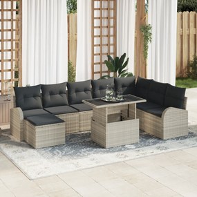 vidaXL Set canapea grădină 9 piese, perne gri deschis, rattan poliester