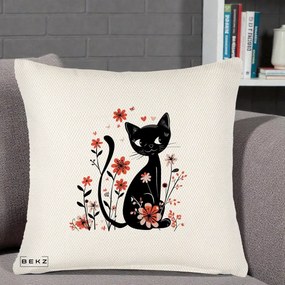 Perna Decorativa Pisica Neagra Flori Roz si Inimi, 40x40 cm, Crem Reliefat, Husa Detasabila, Perna Inclusa, BEKZ®