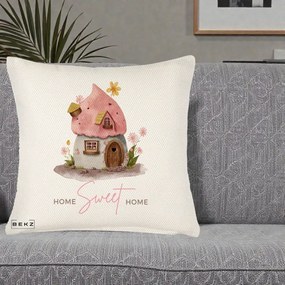 Perna Decorativa Home Sweet Home Casuta, 40x40 cm, Crem Reliefat, Husa Detasabila, Perna Inclusa, BEKZ®