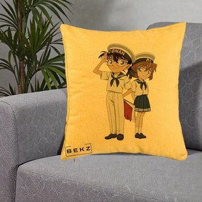 Perna Personalizata Detective Conan Conan si Ai Sailor, 40x40 cm, Galben, Husa Detasabila, Perna Inclusa, BEKZ®
