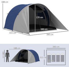 Outsunny Cort de camping familial pentru 3-4 persoane, impermeabil ușor ventilat, ușor de montat, dim. 390L x 315l x 188H cm | Aosom Romania