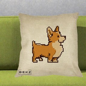 Perna Personalizata Corgi Pixel Art, 40x40 cm, Crem, Husa Detasabila, Perna Inclusa, BEKZ®