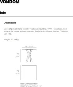 Masa de exterior / interior design modern premium VERTEX 80x80cm