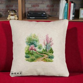 Perna Decorativa Gradina Primavara Acuarela, 40x40 cm, Bej Canapea, Husa Detasabila, Perna Inclusa, BEKZ®