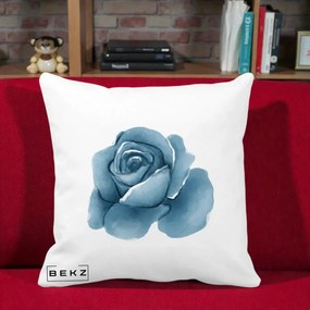 Perna Decorativa Trandafir Albastru Acuarela, 40x40 cm, Alba Mata, Husa Detasabila, Perna Inclusa, BEKZ®
