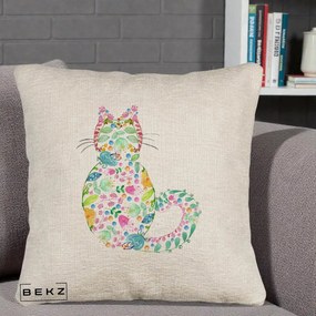 Perna Decorativa Pisica Florala Acuarela, 40x40 cm, Bej Canapea, Husa Detasabila, Perna Inclusa, BEKZ®