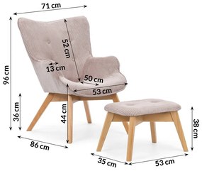 Fotoliu cu taburet roz deschis cu tapițerie din catifea reiată Niko – Ropez