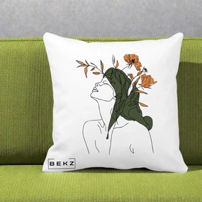 Perna Decorativa Portret Feminin Profil Flori Portocalii, 40x40 cm, Alba Mata, Husa Detasabila, Perna Inclusa, BEKZ®