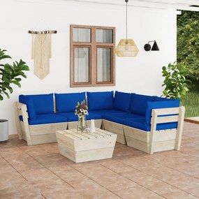 Set mobilier gradina din paleti cu perne, 6 piese, lemn molid Albastru, 3x colt + 2x mijloc + masa, 1