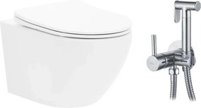 Pachet vas wc suspendat Rea Carlo Mini Basic, capac softclose si set dus igiena intima crom cu baterie incastrata Rea Fenix