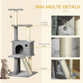 PawHut Copac pentru Pisici pe Mai Multe Niveluri cu Căsuță, Scară și Stâlpi din Sisal, Gri | Aosom Romania