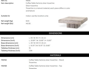Masuta de Cafea Design LUX, Travertin, Silver, Sartoria, 83x83cm