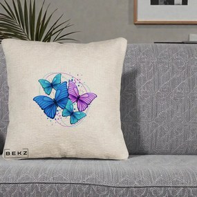 Perna Decorativa Patru Fluturi Turcoaz-Violet, 40x40 cm, Bej Canapea, Husa Detasabila, Perna Inclusa, BEKZ®