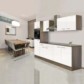 Mobilă de bucătărie Yorki cu corp din stejar Yorki, față alb satinat, dimensiune 270 cm