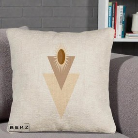 Perna Decorativa Boho Sun cu Triunghiuri Bej si Oval Solar, 40x40 cm, Bej Canapea, Husa Detasabila, Perna Inclusa, BEKZ®