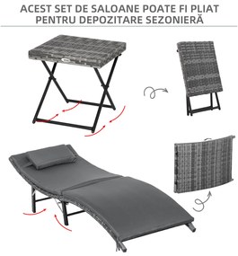 Outsunny Set de 2 Șezlonguri Pliabile din Ratan Gri cu Perne Detașabile Lavabile și Masă Pliabilă pentru Grădină | Aosom Romania