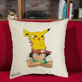 Perna Personalizata Ash si Pikachu, 40x40 cm, Ecru, Husa Detasabila, Perna Inclusa, BEKZ®