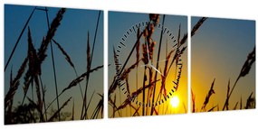 Tablou - Apus de soare pe pajiște (cu ceas) (90x30 cm)
