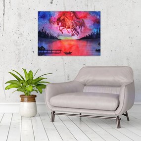 Tablou pe sticlă - Apariția cailor spațiali peste lac, acuarelă (70x50 cm)