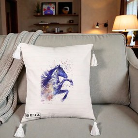 Perna Decorativa Cal Albastru Acuarela, 40x40 cm, Bej cu Franjuri, Husa Detasabila, Perna Inclusa, BEKZ®